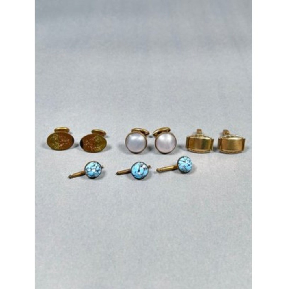 Vintage Cufflinks Shirt Studs Set 7pc Gold Tone Faux Pearl Turquoise Blue OS